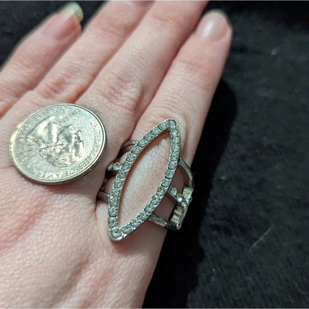 Silver Tone Clear Rhinestone Marquise Shape Statement Ring - Size 8 Adjustable
